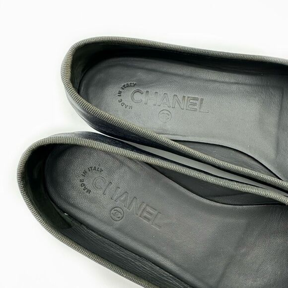 CHANEL Ballet Flat Size 38.5 CC Logo Leather Round Toe Black Silver Metallic - Picture 6 of 12